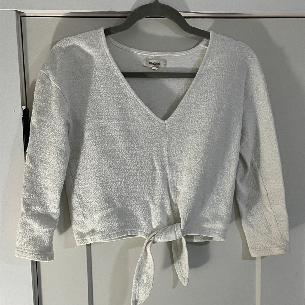 Madewell Textured Cream V-Neck Tie-Front Blouse